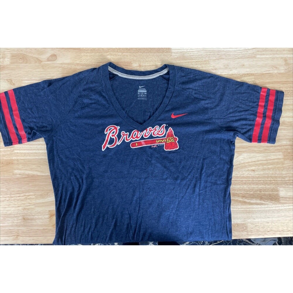 Nike Atlanta Braves Womens 2XL XXL V-neck T-Shirt Tee MLB Baseball Blue